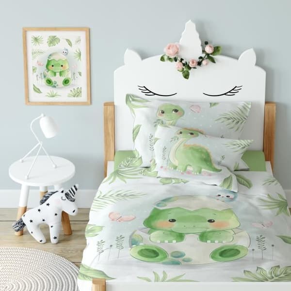 Grön dinosaurie - Babybäddset i bomull - Påslakan 100x135 cm och ett örngott 40x60 cm