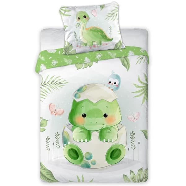 Grön dinosaurie - Babybäddset i bomull - Påslakan 100x135 cm och ett örngott 40x60 cm