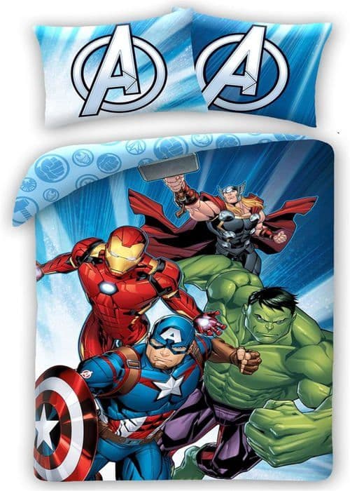 Avengers sängkläder för barn med täckesskydd 140 x 200 cm och kuddfodral 70 x 90 cm 100 % ekologisk bomull certifierad av Öko-Tex