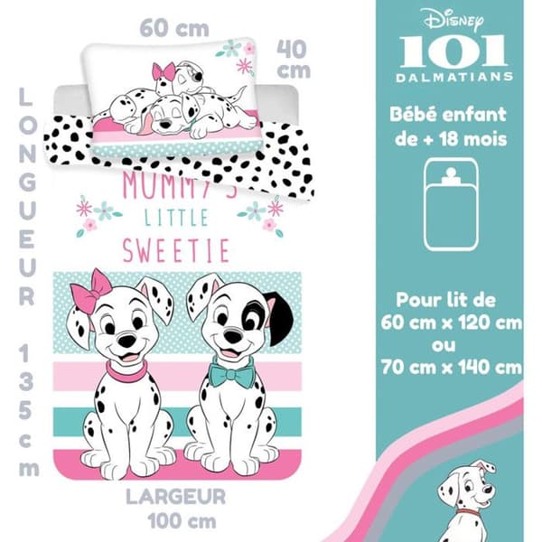 101 Dalmatiner Babybäddset - Disney - Påslakan i bomull - 100 x 135 cm - Rosa
