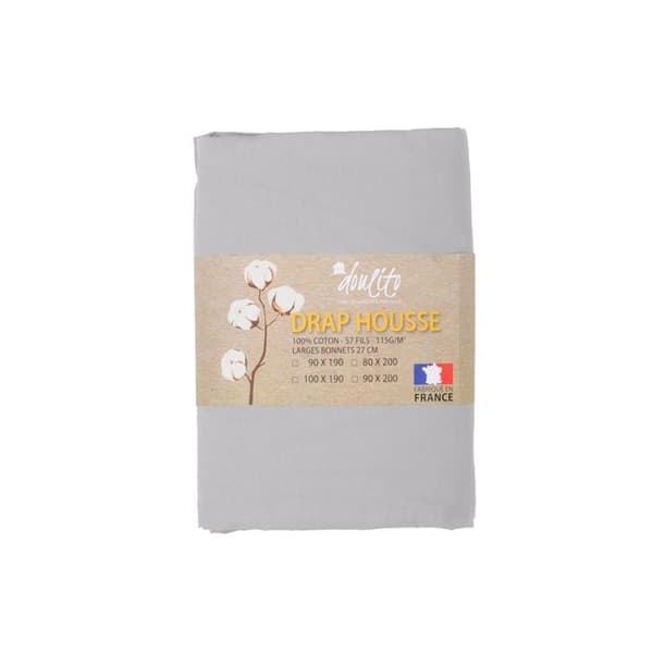 Drap housse i bomull DOULITO 100x190 cm - Grå - Tillverkad i Frankrike