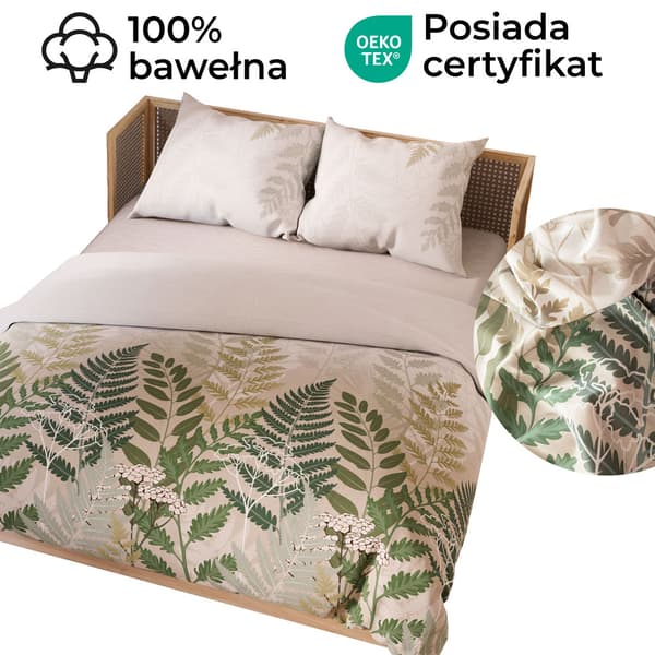 FERNA bäddset 160x200 cm - satinbomull, beige, botaniskt mönster