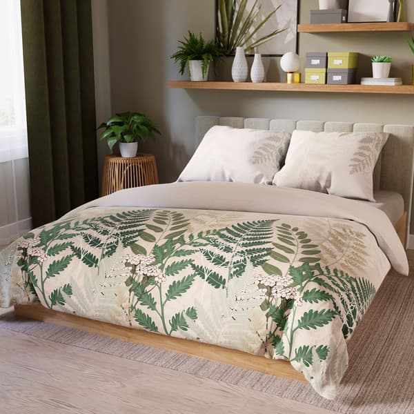 FERNA bäddset 160x200 cm - satinbomull, beige, botaniskt mönster