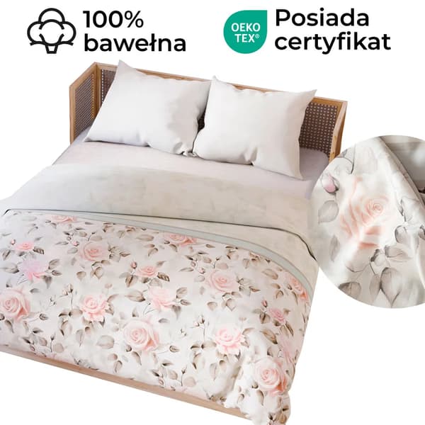 ROSALINA Sengetøj i bomuldssatin - rosenblomster, ecru, pink - 220x200 cm