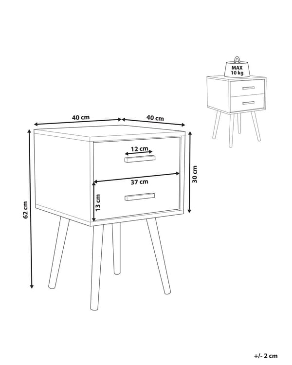 Sengebord Hvid Lyst træ MDF med Gummitræben 40 x 40 cm 2 Skuffer Lille Smalt Skab Opbevaring Skandinavisk Minimalistisk Indretning Soveværelse