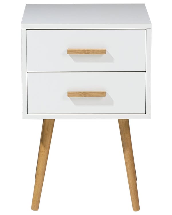 Sengebord Hvid Lyst træ MDF med Gummitræben 40 x 40 cm 2 Skuffer Lille Smalt Skab Opbevaring Skandinavisk Minimalistisk Indretning Soveværelse