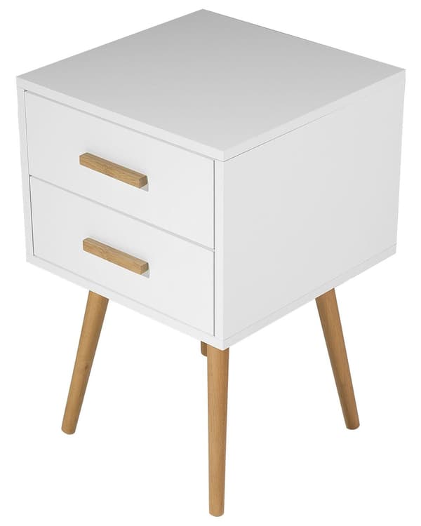 Sengebord Hvid Lyst træ MDF med Gummitræben 40 x 40 cm 2 Skuffer Lille Smalt Skab Opbevaring Skandinavisk Minimalistisk Indretning Soveværelse