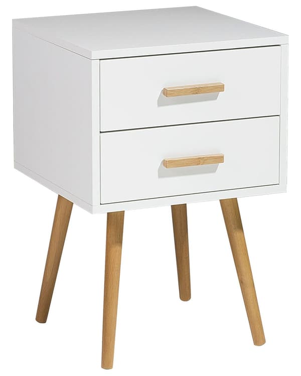 Sengebord Hvid Lyst træ MDF med Gummitræben 40 x 40 cm 2 Skuffer Lille Smalt Skab Opbevaring Skandinavisk Minimalistisk Indretning Soveværelse