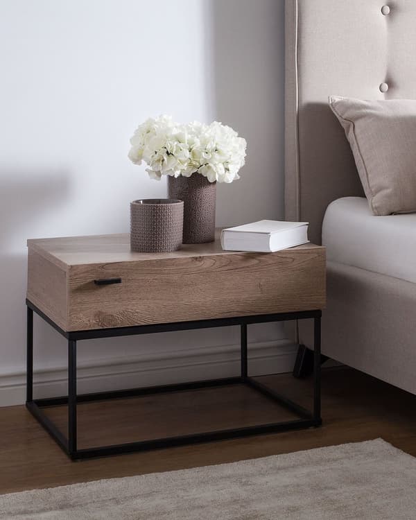 Yöpöytä tumma puu 55 x 39 x 41 cm lastulevy MDF-levy metalli laatikko moderni