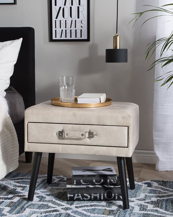 Sengebord Beige Polstret Læder 46 x 50 x 35 cm Lille Natbord med Skuffe Kuffert Form Opbevaring Moderne Design Sjov Tilbehør Soveværelse