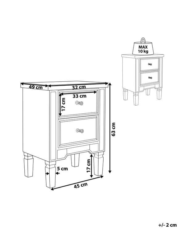 Yöpöytä hopea MDF-levy lasi 49 x 32 x 63 cm peilattu laatikoilla timanttivetimet glamour tyyli