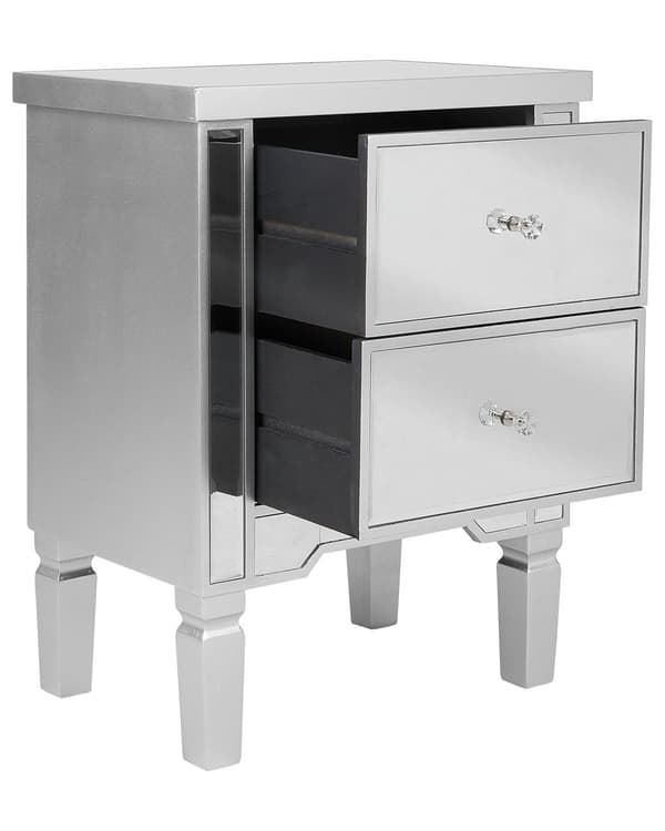 Yöpöytä hopea MDF-levy lasi 49 x 32 x 63 cm peilattu laatikoilla timanttivetimet glamour tyyli