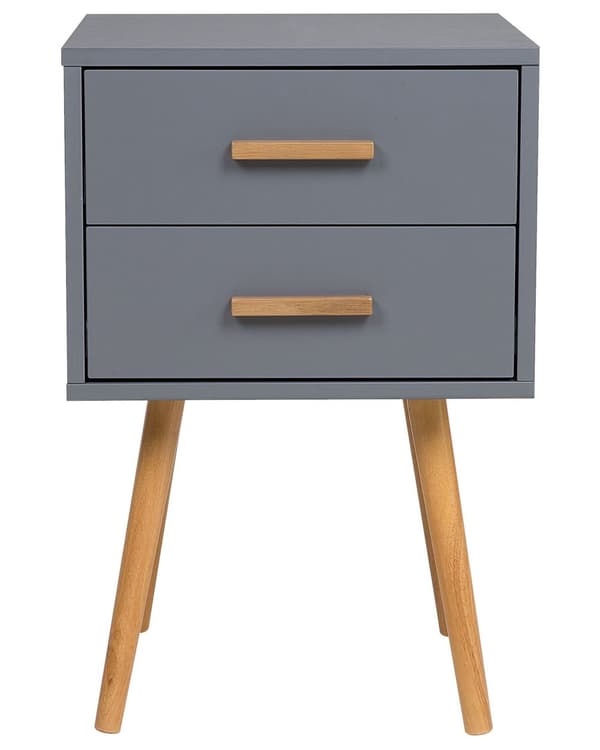 Sengebord Grå Lyst træ MDF med Gummitræben 40 x 40 cm 2 Skuffer Lille Smalt Skab Opbevaring Skandinavisk Minimalistisk Indretning Soveværelse