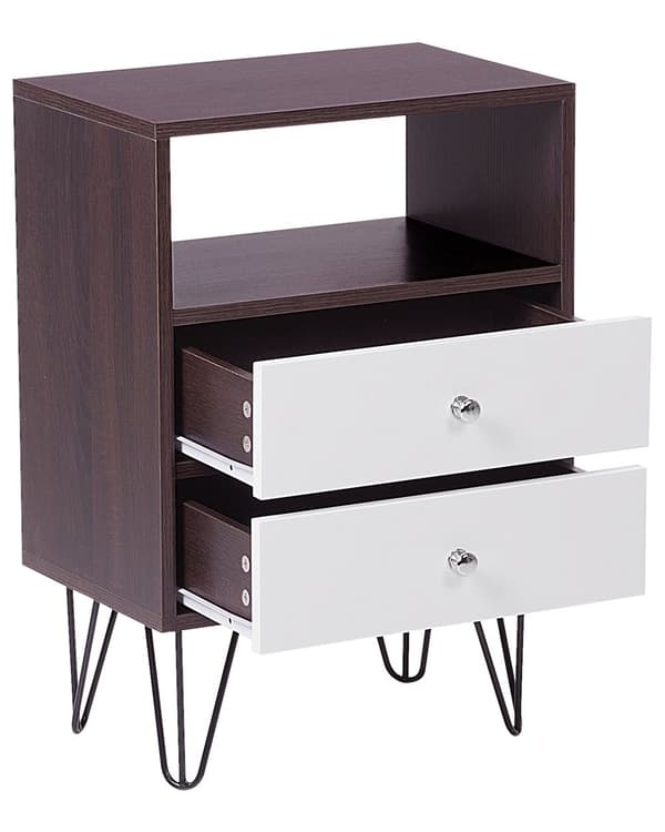 Yöpöytä tumma puu valkoinen MDF lastulevy metallijalat 45 x 30 x 65 cm laatikoilla hyllyllä moderni tyyli