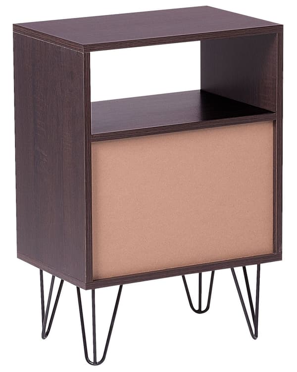 Yöpöytä tumma puu valkoinen MDF lastulevy metallijalat 45 x 30 x 65 cm laatikoilla hyllyllä moderni tyyli