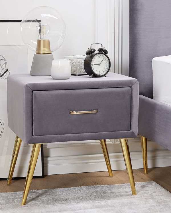 Sengebord Grå Velour Polstring 1 Skuffe Minimalistisk Design Soveværelsesmøbler