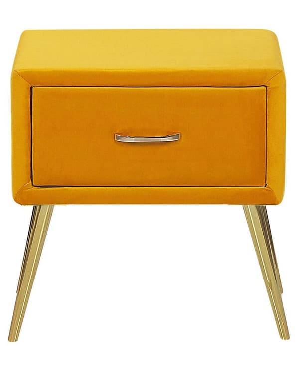 Sengebord Gul Velour Polstring Natbord 1 Skuffe Minimalistisk Design Soveværelsesmøbler