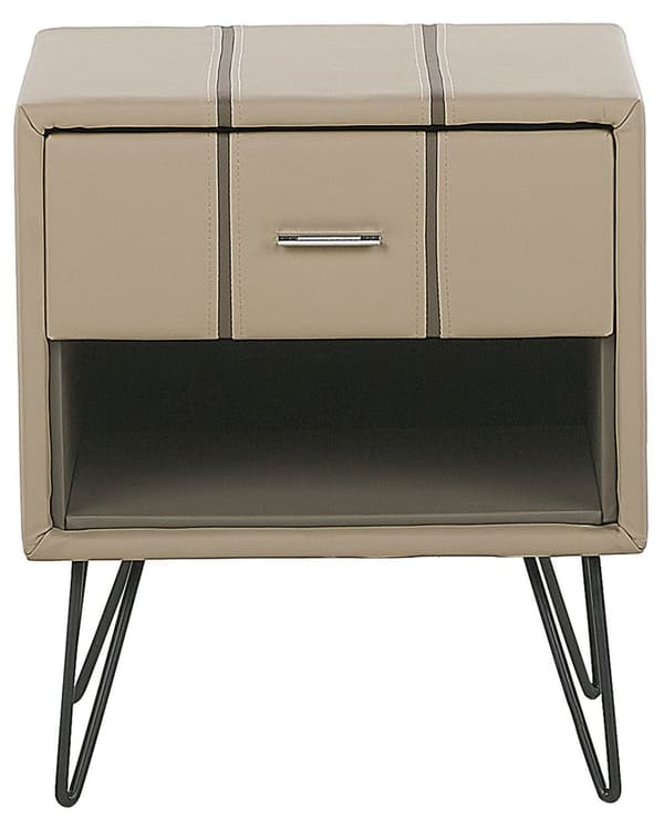 Sengebord Beige Polstret Kunstlæder og Sort Metalben 48 x 41 x 56 cm Lille Smalt Firkantet Opbevaring Skuffe og Hylde Soveværelse Indretning