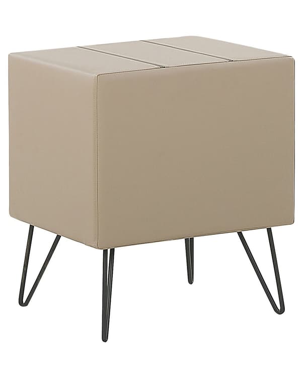 Sengebord Beige Polstret Kunstlæder og Sort Metalben 48 x 41 x 56 cm Lille Smalt Firkantet Opbevaring Skuffe og Hylde Soveværelse Indretning