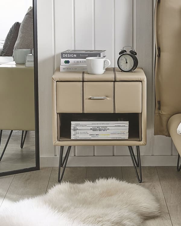 Sengebord Beige Polstret Kunstlæder og Sort Metalben 48 x 41 x 56 cm Lille Smalt Firkantet Opbevaring Skuffe og Hylde Soveværelse Indretning
