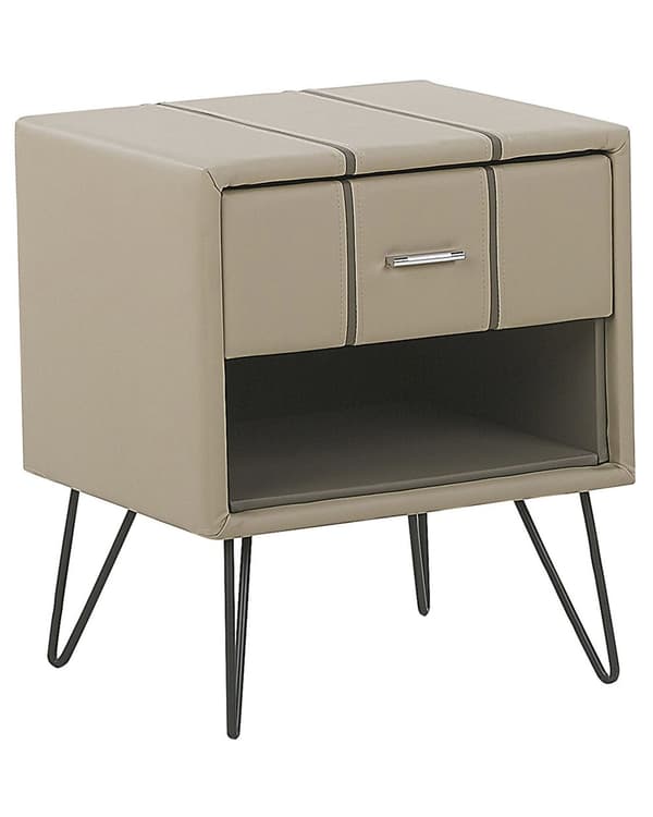 Sengebord Beige Polstret Kunstlæder og Sort Metalben 48 x 41 x 56 cm Lille Smalt Firkantet Opbevaring Skuffe og Hylde Soveværelse Indretning