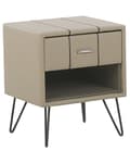 Miniatyrbillede 1 af 8: Sengebord Beige Polstret Kunstlæder og Sort Metalben 48 x 41 x 56 cm Lille Smalt Firkantet Opbevaring Skuffe og Hylde Soveværelse Indretning
