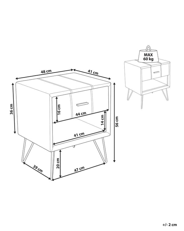 Sengebord Hvid Polstret Kunstlæder og Sort Metalben 48 x 41 x 56 cm Lille Smalt Firkantet Opbevaring Skuffe og Hylde Soveværelse Indretning
