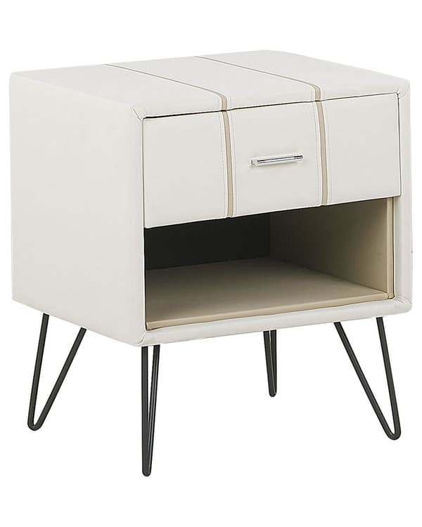 Sengebord Hvid Polstret Kunstlæder og Sort Metalben 48 x 41 x 56 cm Lille Smalt Firkantet Opbevaring Skuffe og Hylde Soveværelse Indretning
