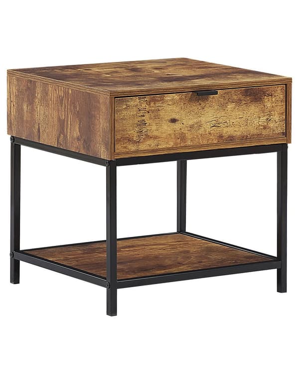 Sidebord Mørkt Træ Sort Metal Stel 45 x 45 x 39 cm Lille Firkantet 1 Skuffe Hylde Stue Møbel Opbevaring Indretning Industriel Look