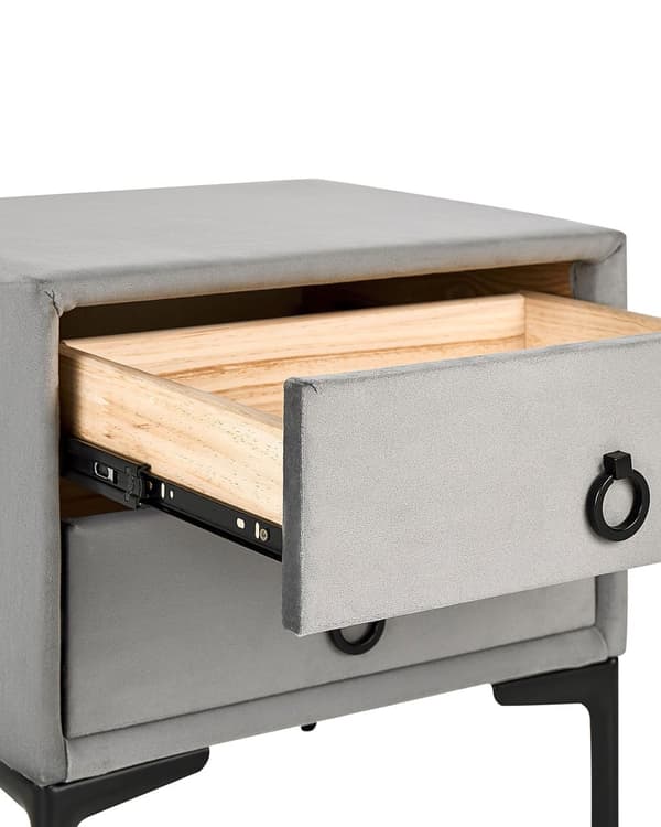 Yöpöytä vaaleanharmaa sametti kangas 44 x 38 cm 2 laatikkoa metallijalat moderni tyyli