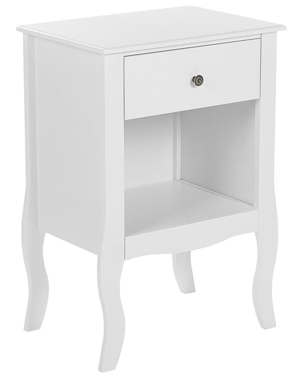 Sengebord Hvid MDF Opbevaringsskuffe Hylde Kurvede Cabriole Ben Metal Knop Håndtag Skandinavisk Stil
