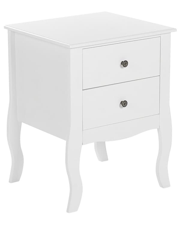 Natbord Hvid MDF 2 Opbevaringsskuffer Cabriole Ben Metal Knop Håndtag Skandinavisk Design