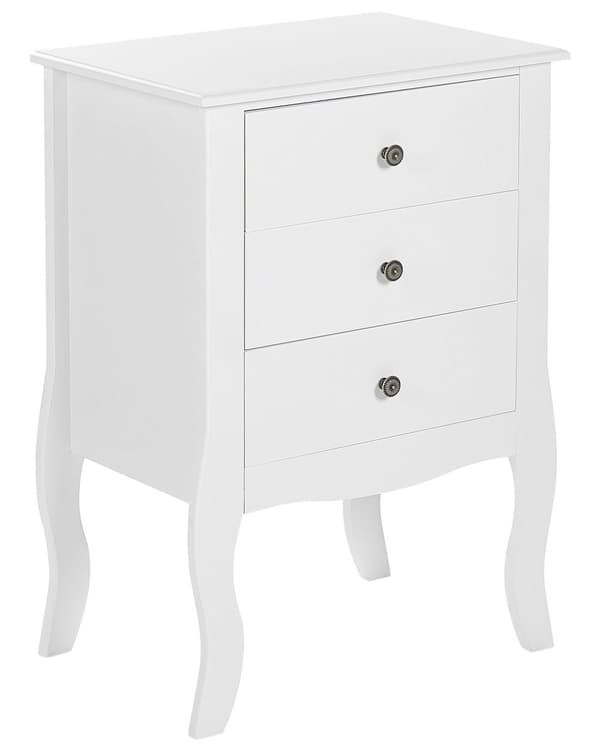 Natbord Hvid MDF 3 Opbevaringsskuffer Cabriole Ben Metal Knop Håndtag Skandinavisk Design
