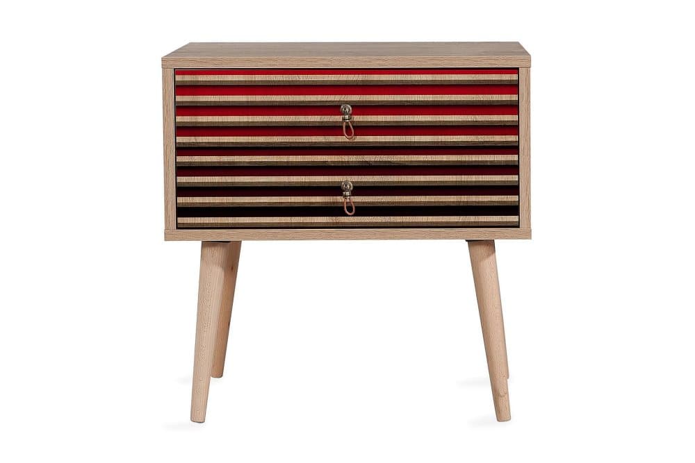 STENBYN Sängbord 60 cm med Förvaring 2 Lådor Ränder Natur/Rö