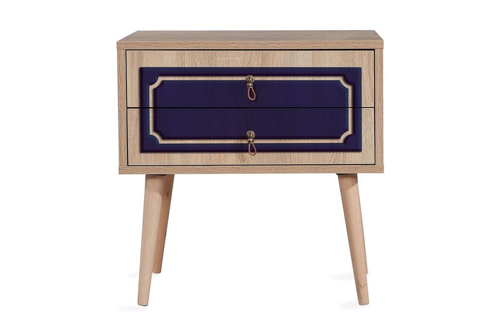 STENBYN Sängbord 60 cm med Förvaring 2 Lådor Dekor Natur/Blå