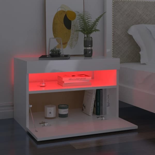 vidaXL Yöpöytä LED-valoilla korkeakiilto valkoinen 60x35x40 cm