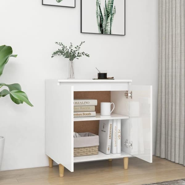 vidaXL skænk med massive træben 60x35x70 cm spånplade hvid højglans