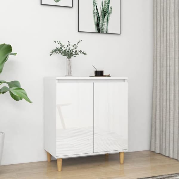vidaXL skænk med massive træben 60x35x70 cm spånplade hvid højglans