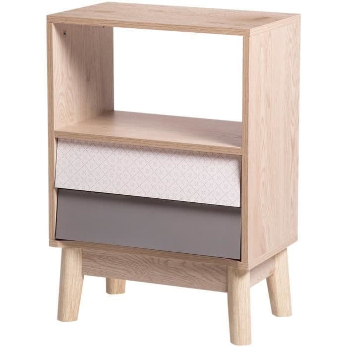 Högt sängbord med 2 lådor - Skandinavisk - NEW SOFIA - Ek Vit Grå Mönster - B 45 x D 30 x H 65 cm