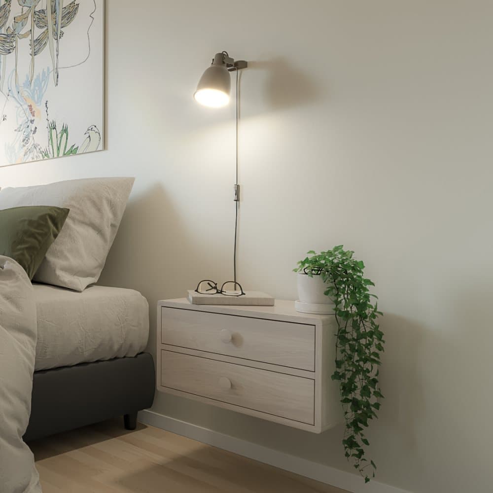 Vägghängt sängbord HOPE med 2 lådor, vit bok