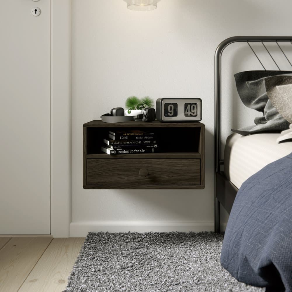 Vägghängt sängbord HOPE med knopp, svart bok