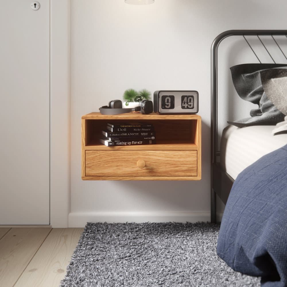 Vägghängt sängbord HOPE med knopp, oljad ek