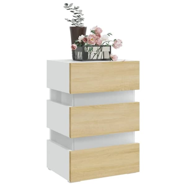 vidaXL sengebord med LED 45x35x67 cm konstrueret træ hvid og sonoma-eg