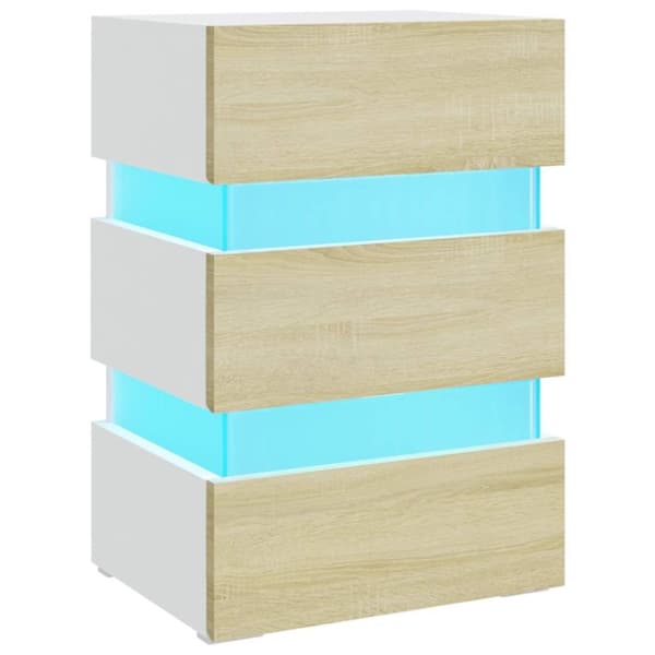 vidaXL sengebord med LED 45x35x67 cm konstrueret træ hvid og sonoma-eg