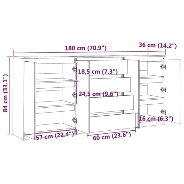 vidaXL Sideskap 3 stk hvit heltre furu