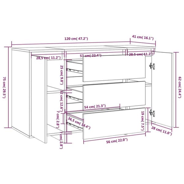 vidaXL Skänk med 3 lådor rökfärgad ek 120x41x75 cm spånskiva