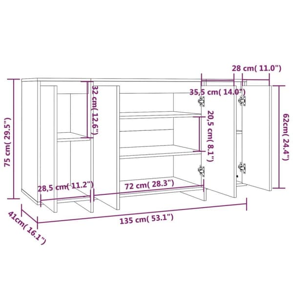 vidaXL skænk 135x41x75 cm spånplade røget egetræsfarve