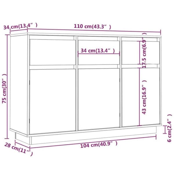 vidaXL Skjenk 110x34x75 cm heltre furu