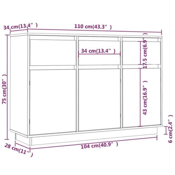 vidaXL Skjenk hvit 110x34x75 cm heltre furu