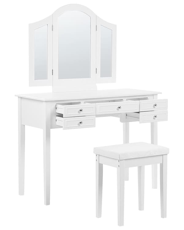 Sminkbord Vit MDF 95 x 45 x 144 cm 5 lådor Spegel Pall Vardagsrumsmöbler Retrodesign